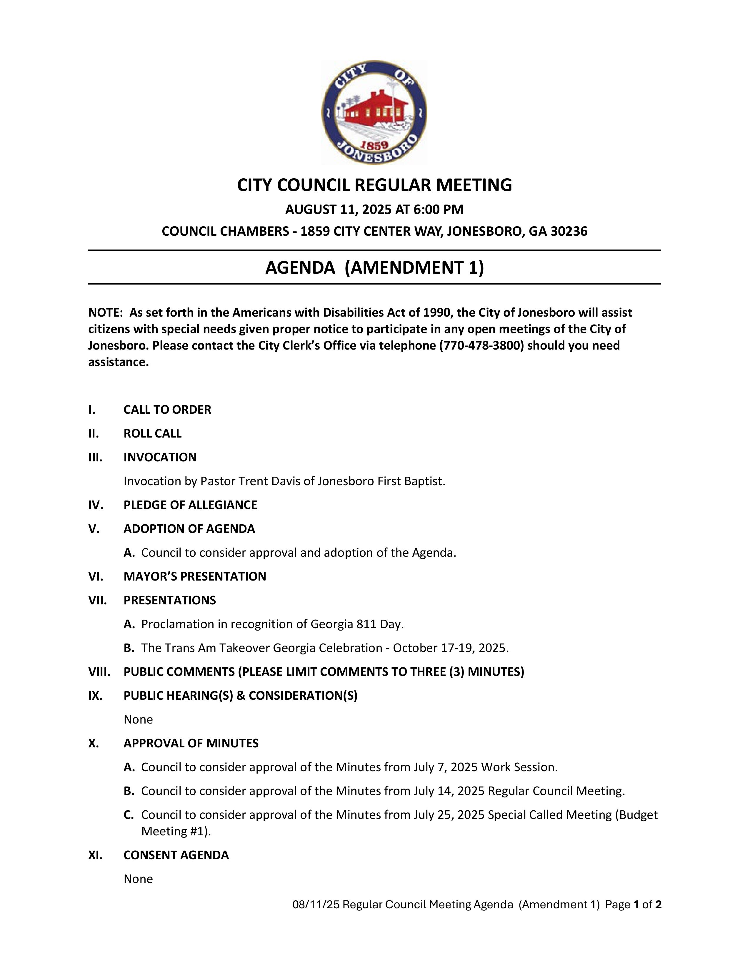 PUBLIC NOTICE - Agenda Amendment 1