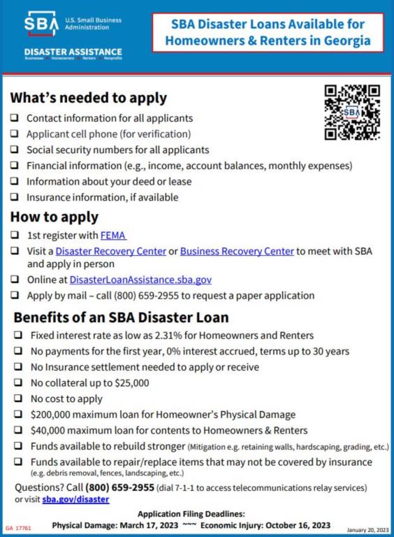 SBA Disaster Loans Available for  Homeowners & Renters in Georgia